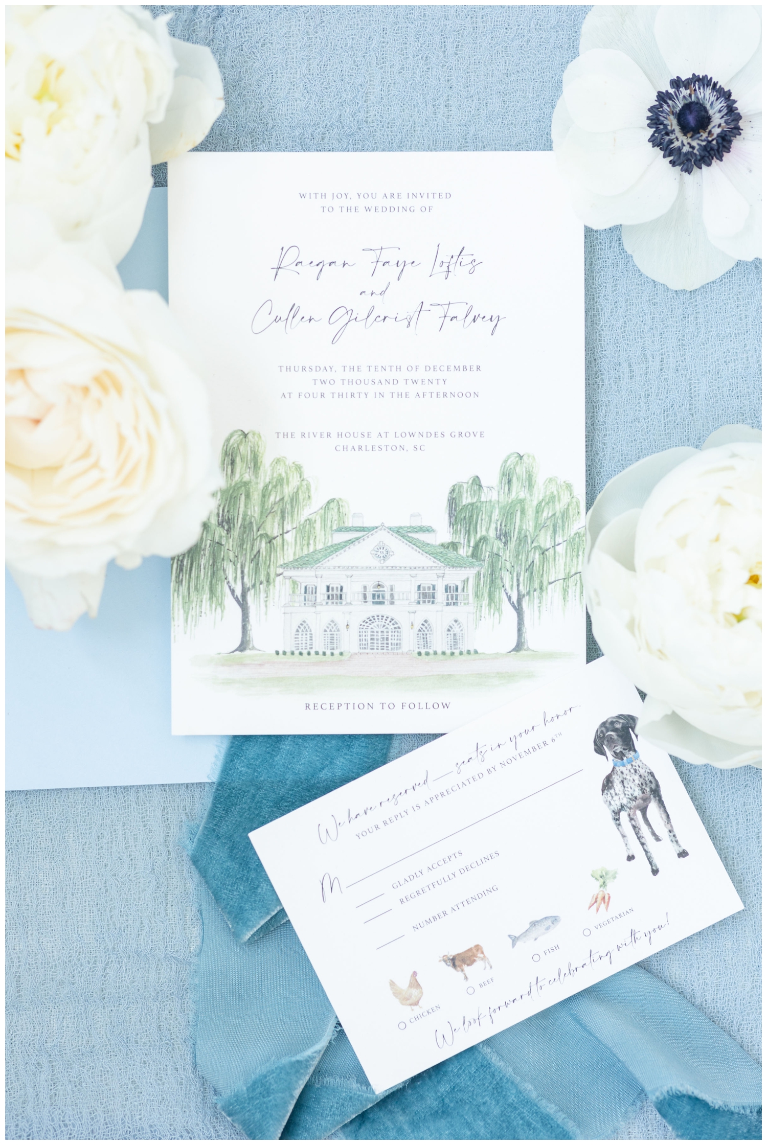 invitation suite with drawing of The River House at Lowndes Grove for a Charleston micro wedding