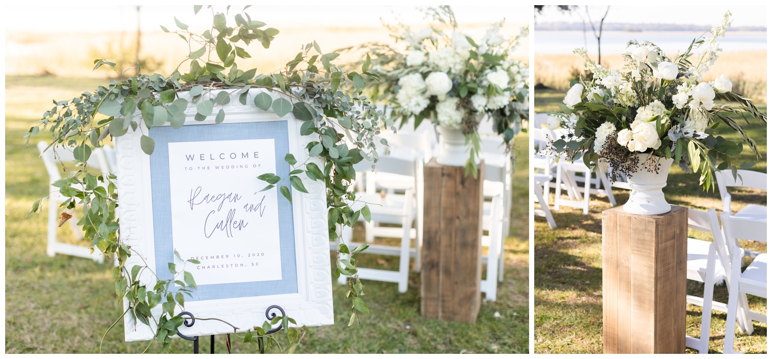 white florals and welcome sign Charleston micro wedding