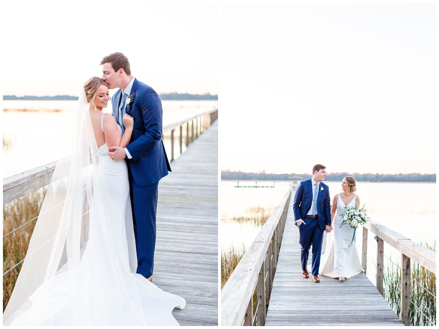 bride and groom posing on the dock at The River House Lowndes Grove