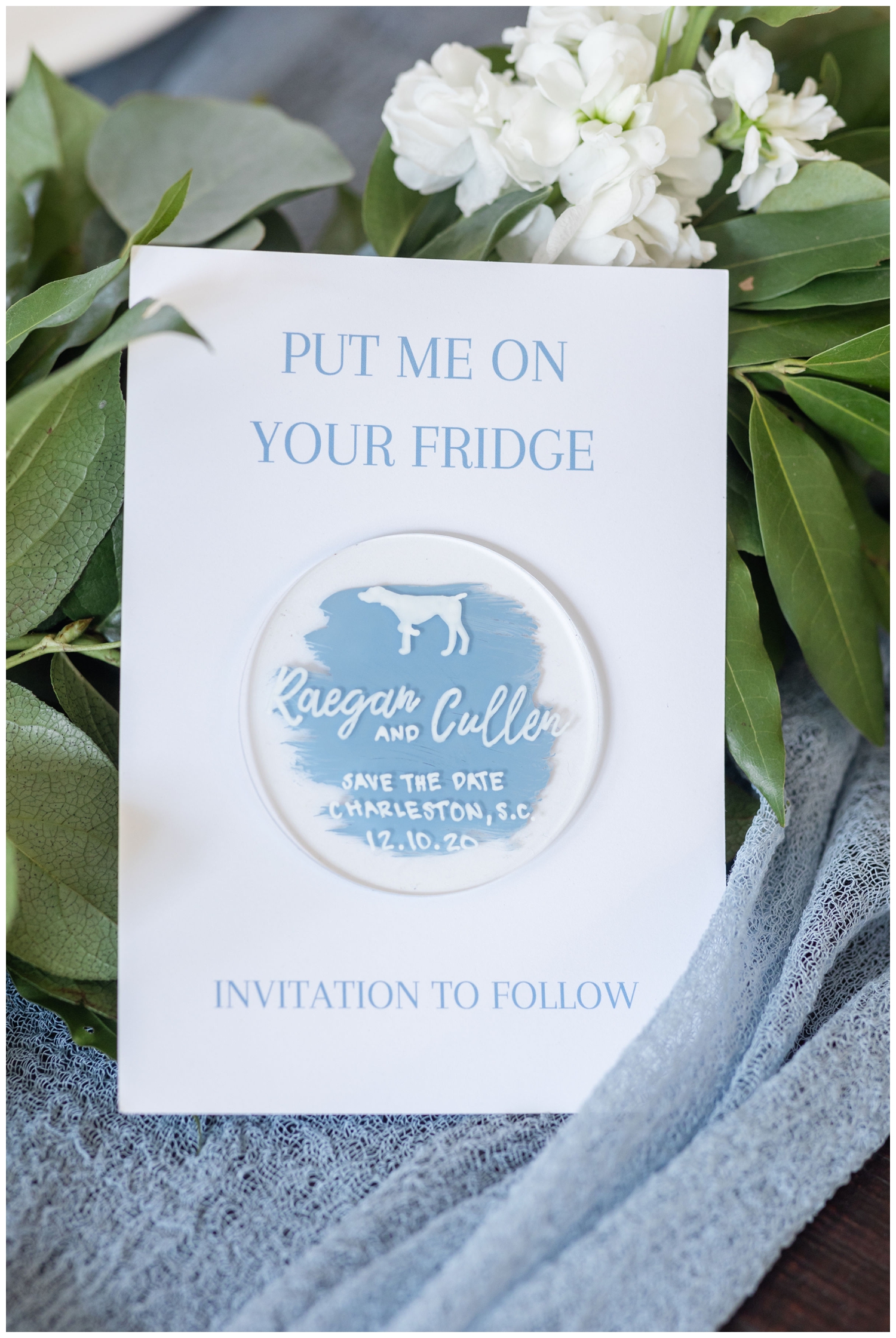 magnet of a couples dog wedding favor for a micro wedding in Charleston