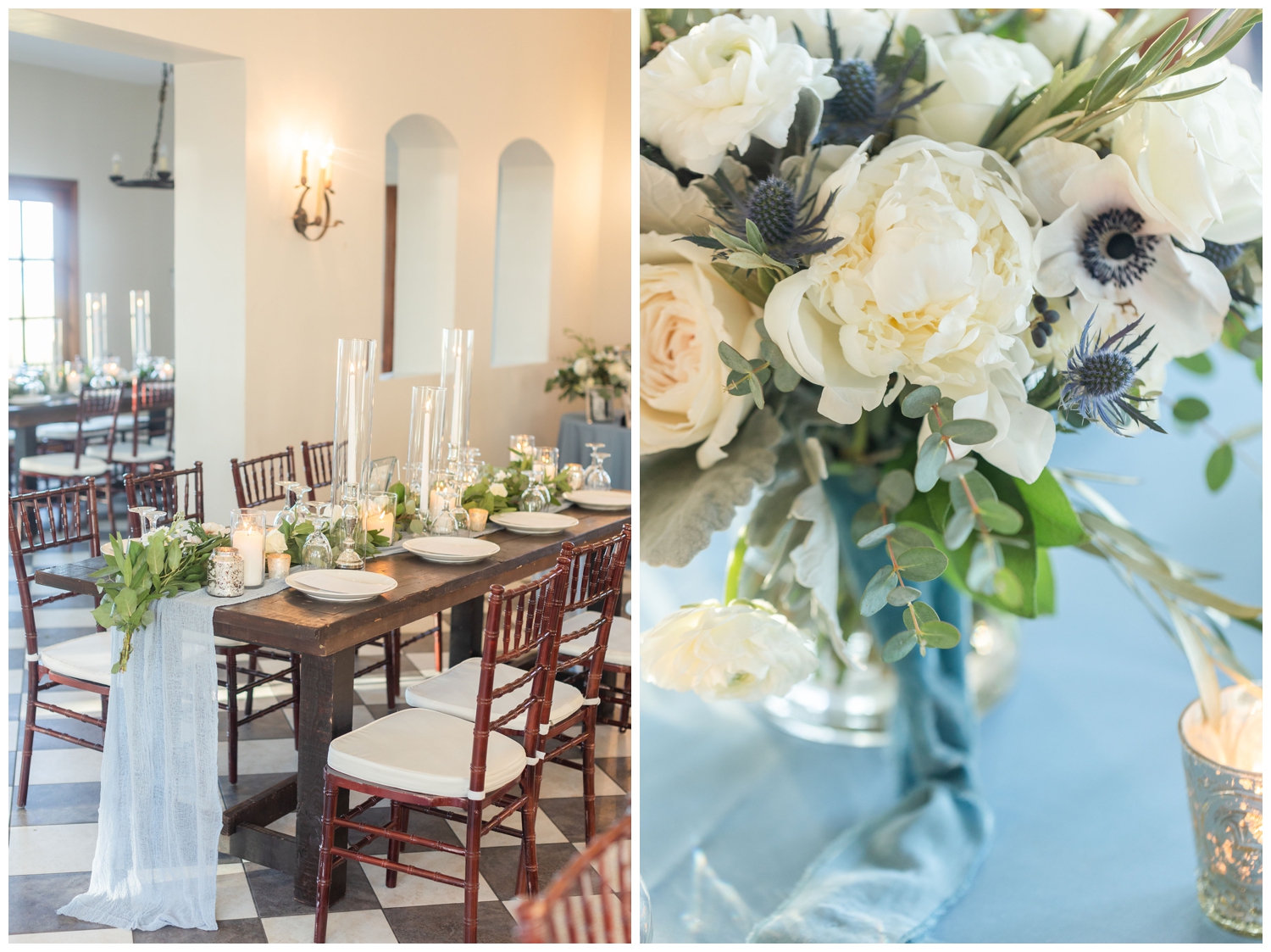 white florals on tablescape inside The River House Lowndes Grove in Charleston