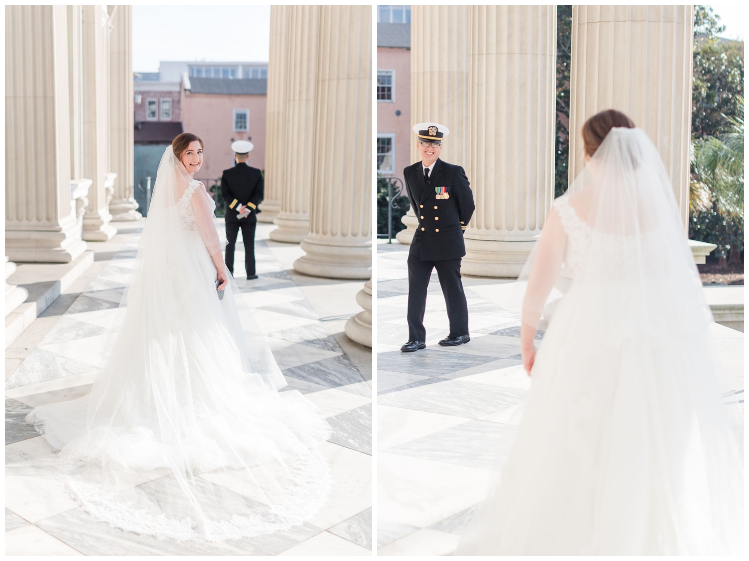bride and groom first look at Custom House in Charleston, South Carolina