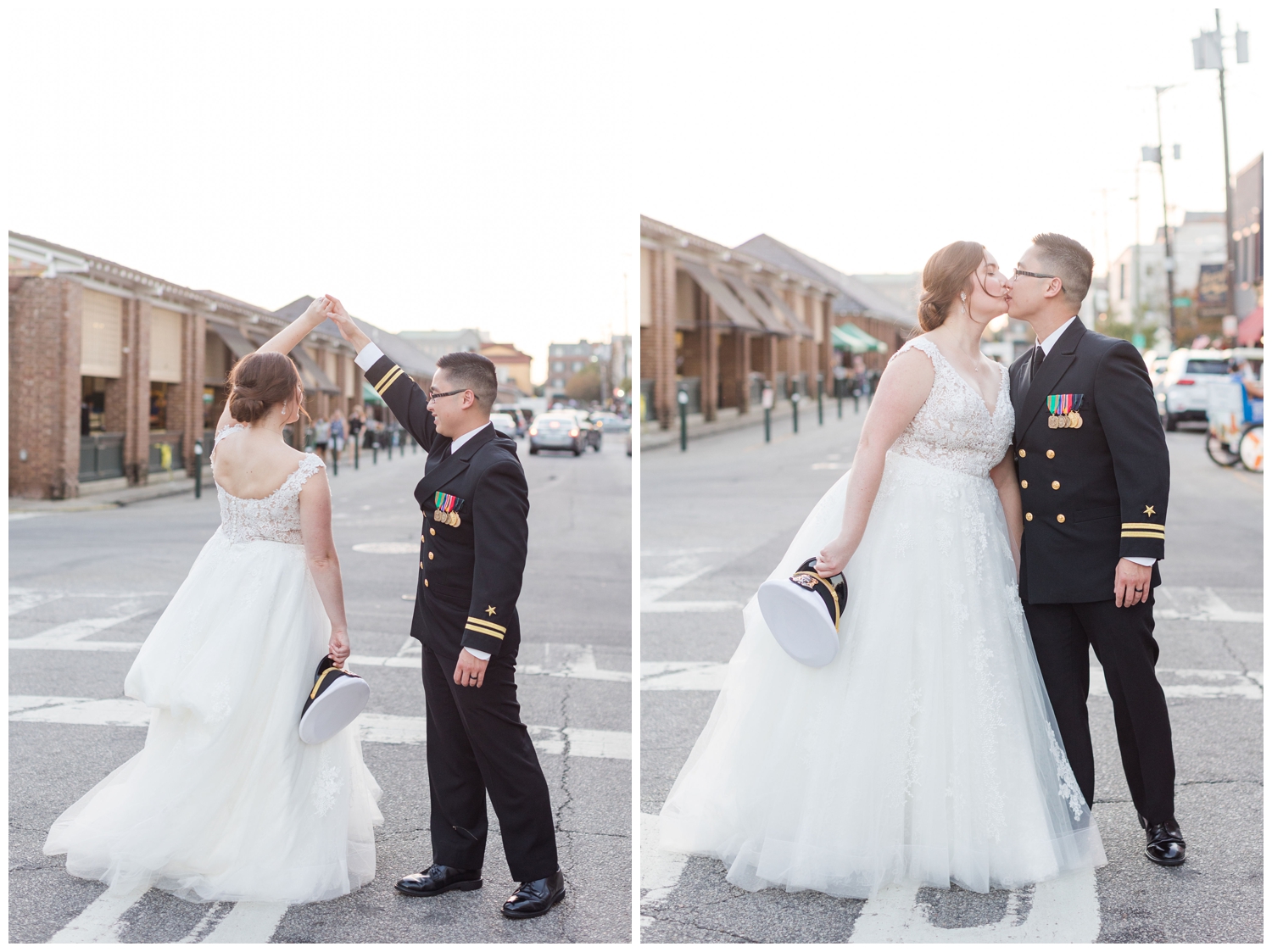 bride and groom kissing for wedding portraits on streets of Charleston South Carolina