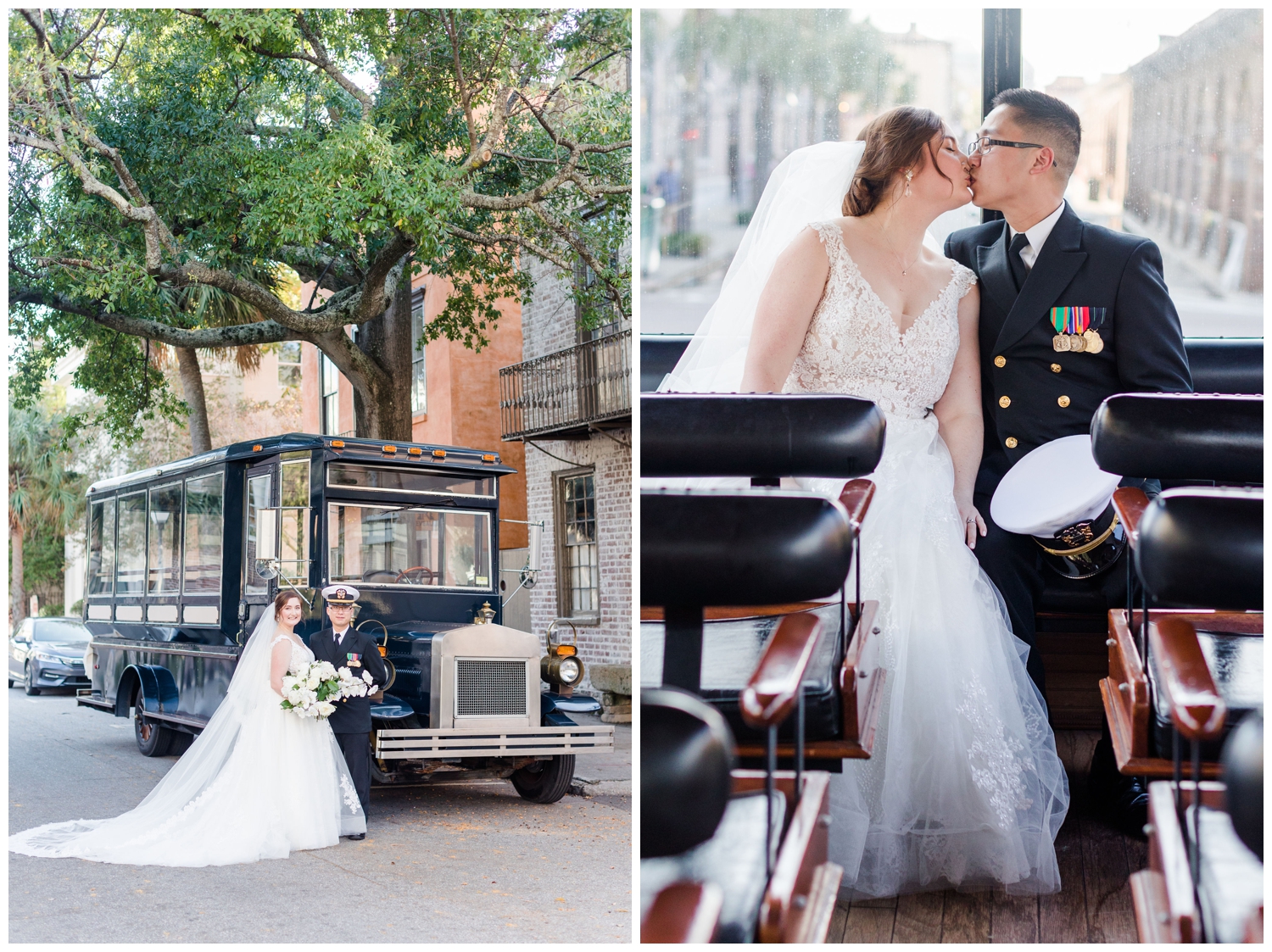 bride and groom portraits inside the trolley on way to their Charleston mico wedding