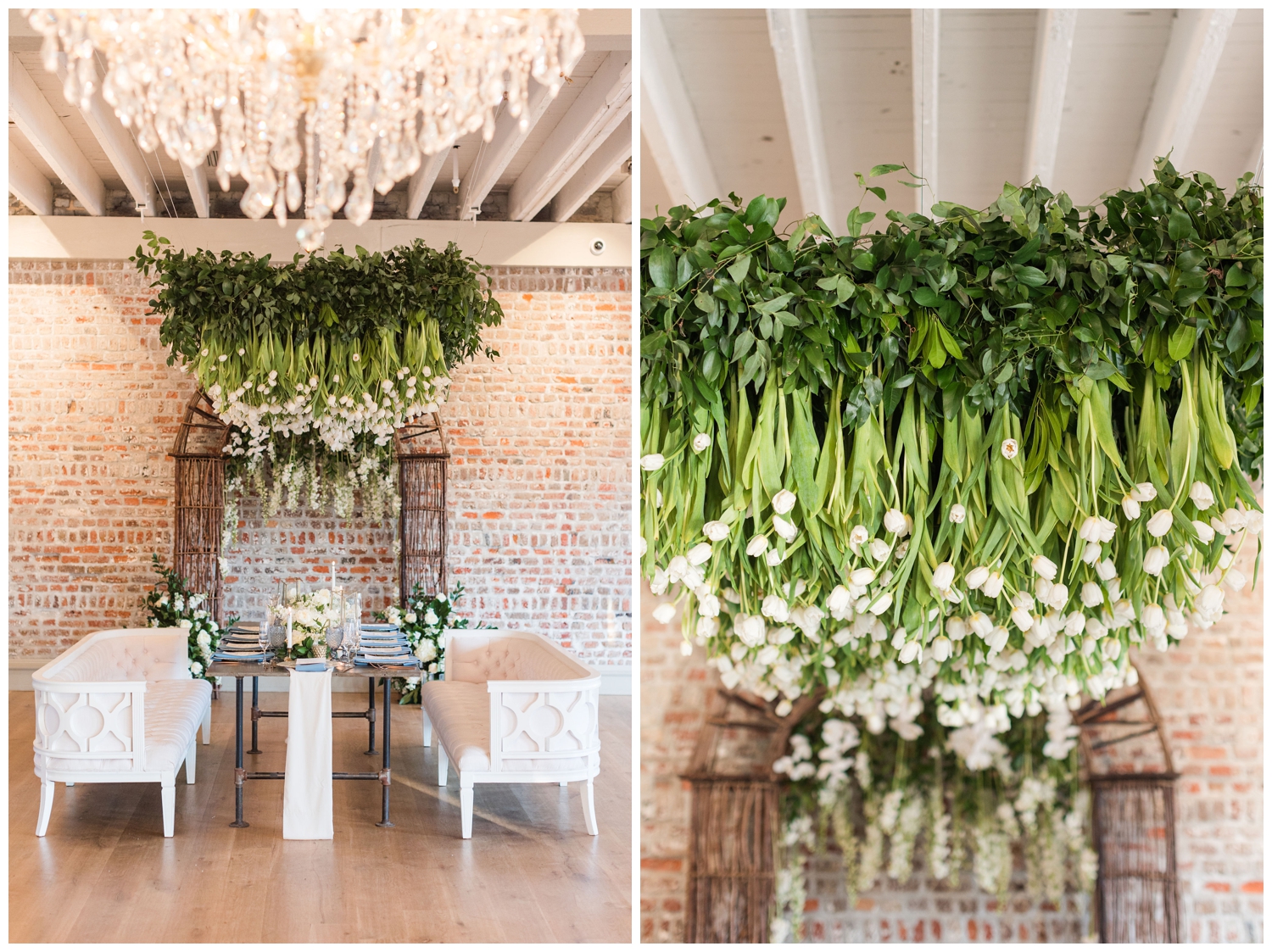 florals hanging from ceiling for Charleston Micro Wedding inside Merchants Hall