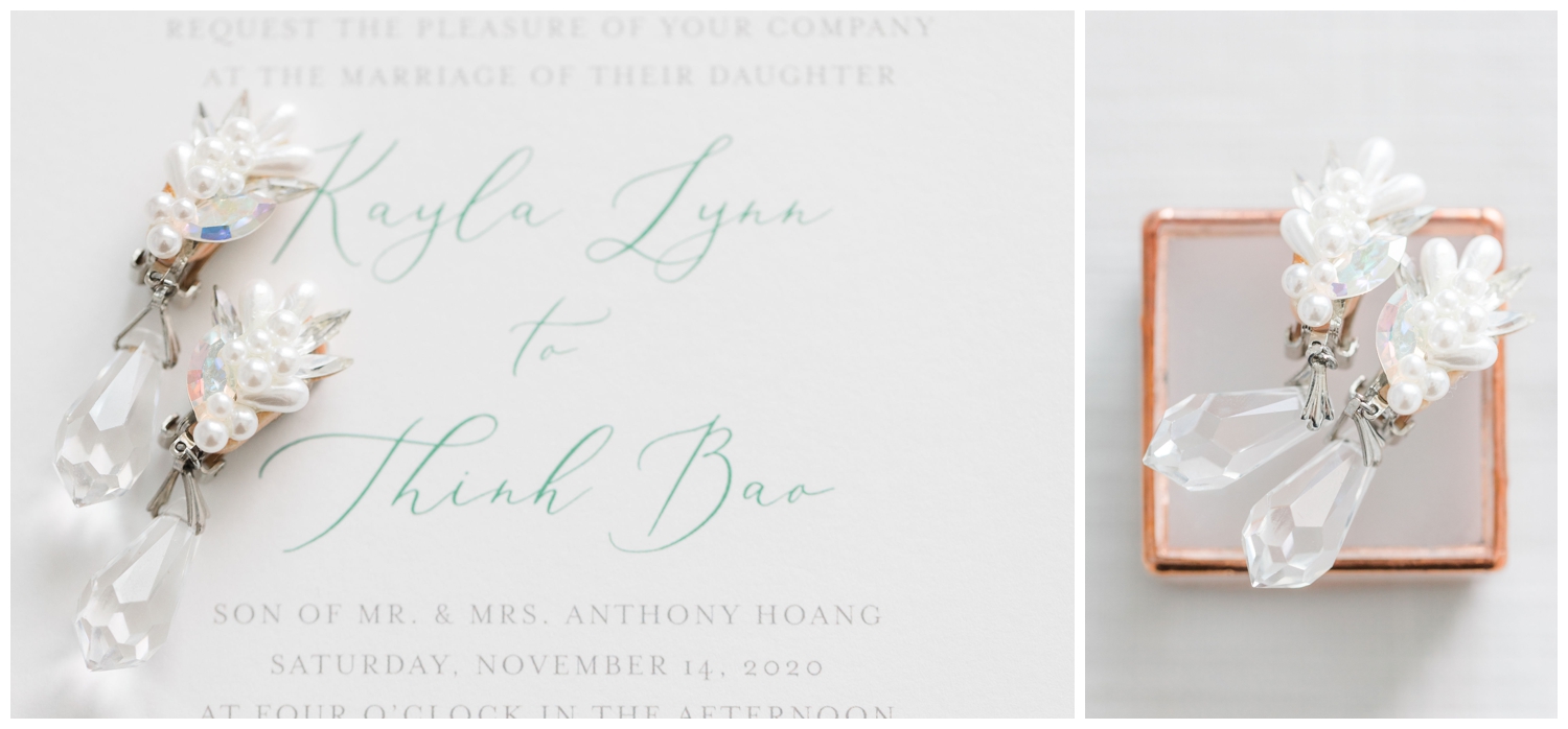 earring details on invitation suite for a Charleston micro wedding