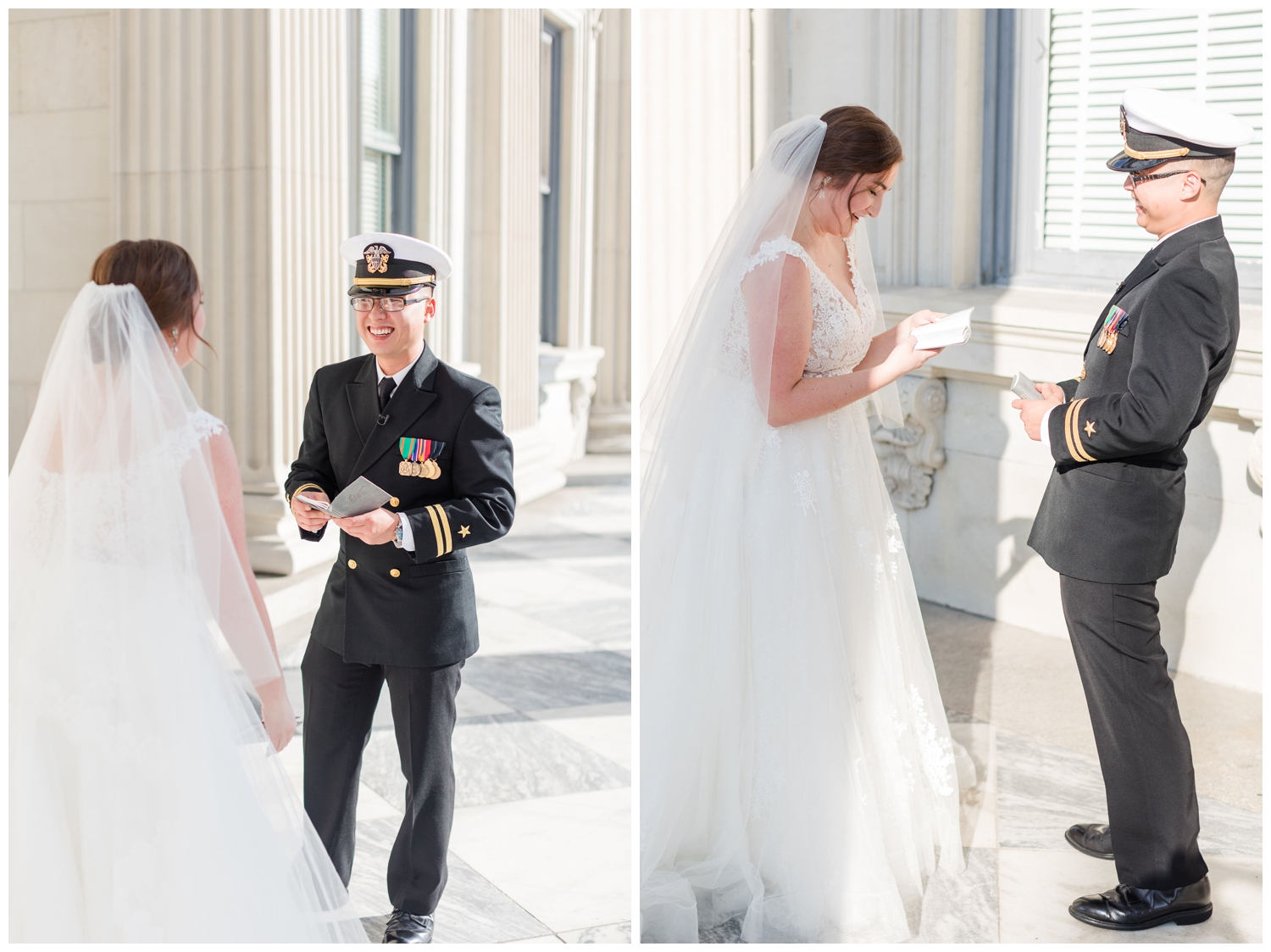 bride and groom reading vows outside Common House in Charleston, South Carolina