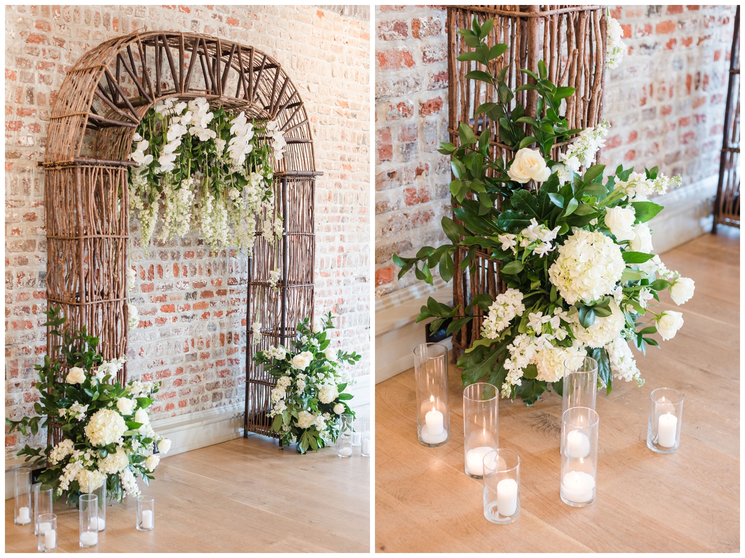 floral arch for ceremony inside Merchants Hall