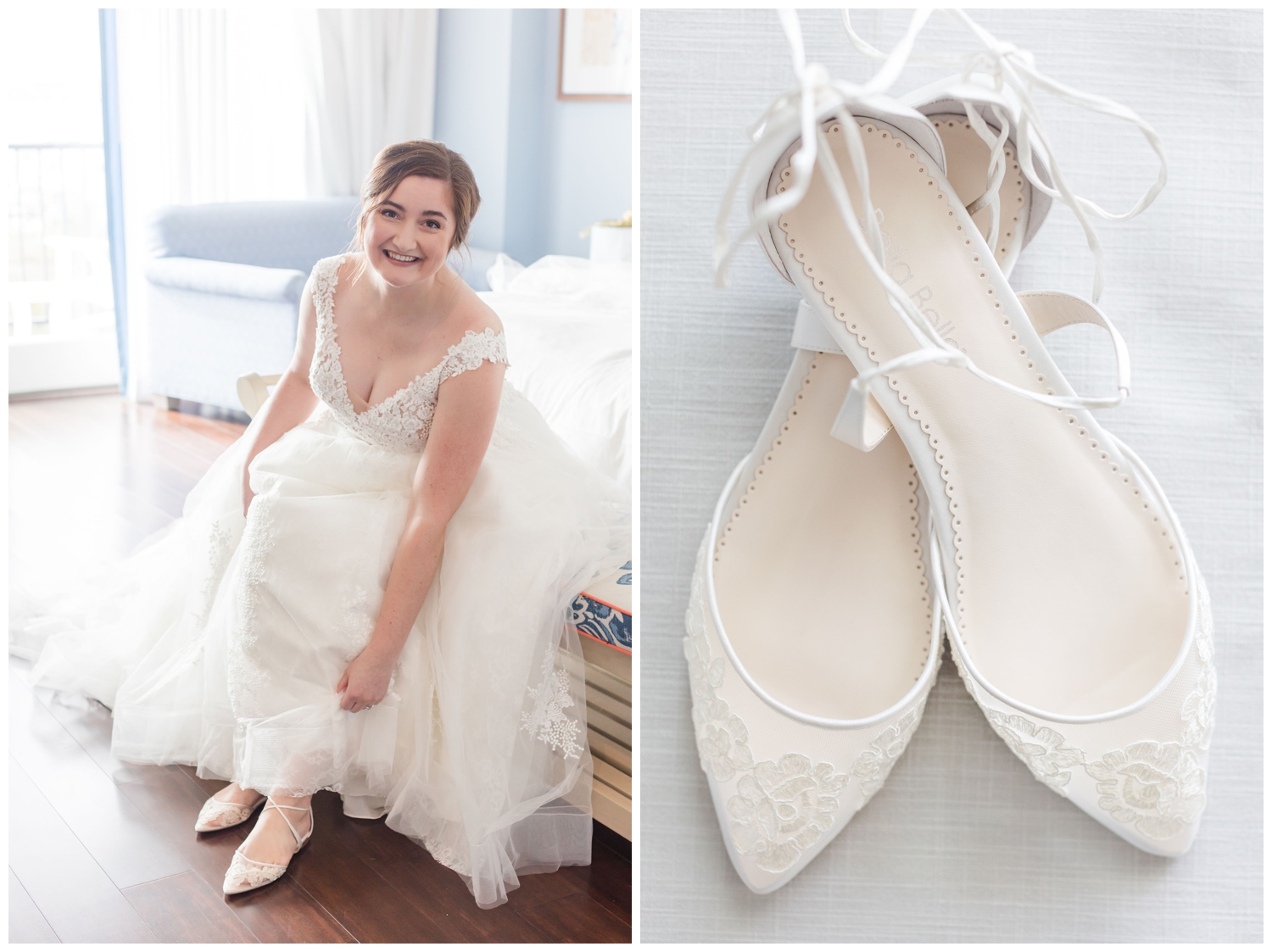 bride getting ready putting on wedding shoes during Charleston micro wedding in South Carolina
