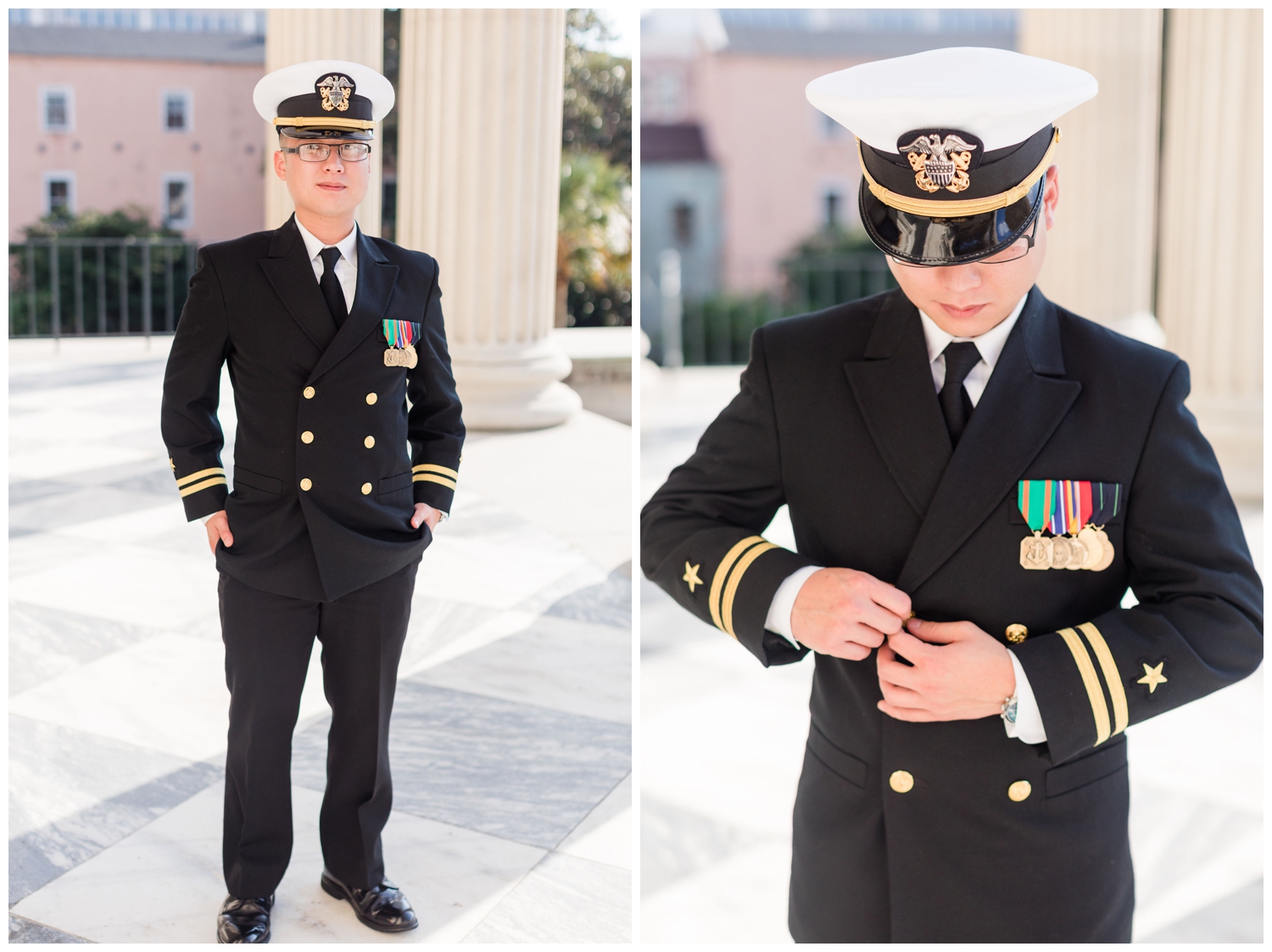 groom in military uniform at Common House for Charleston micro wedding