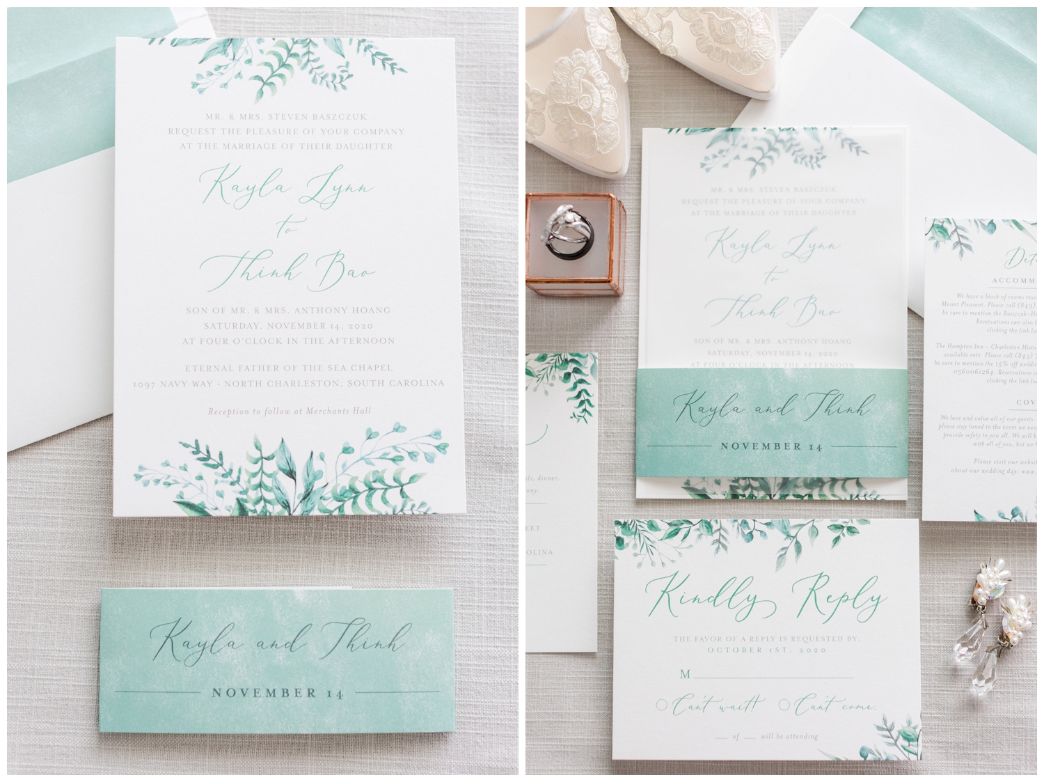 white and pale green wedding invitation suite