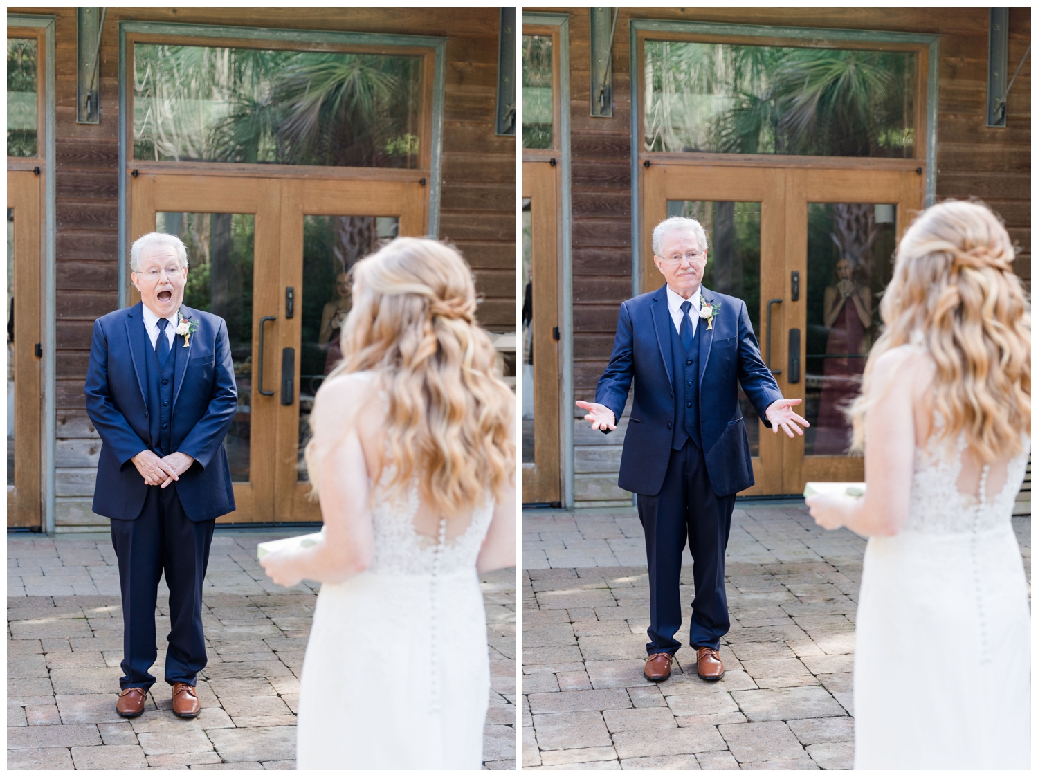 first look with Dad at colorful fall Charleston wedding outside Founders Hall