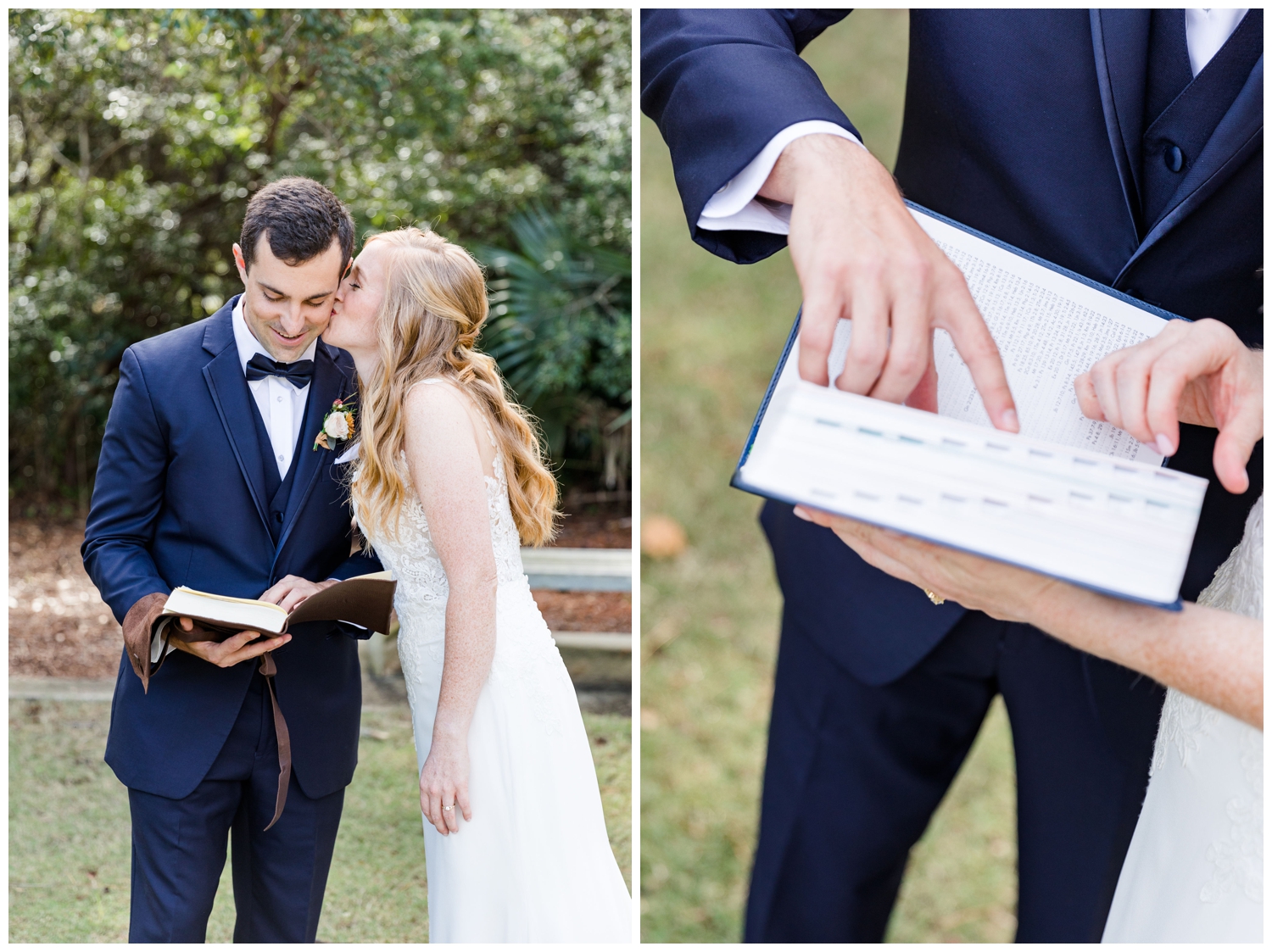 bride and groom looking at bible for colorful fall charleston wedding