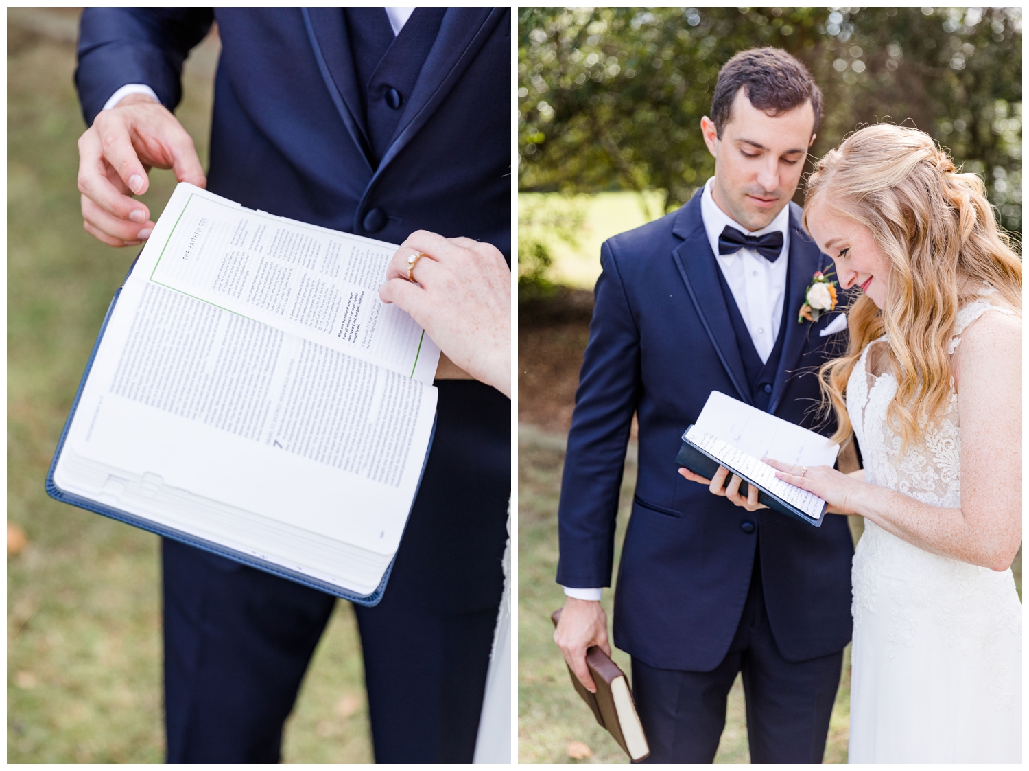 bride and groom exchanging bibles during first look