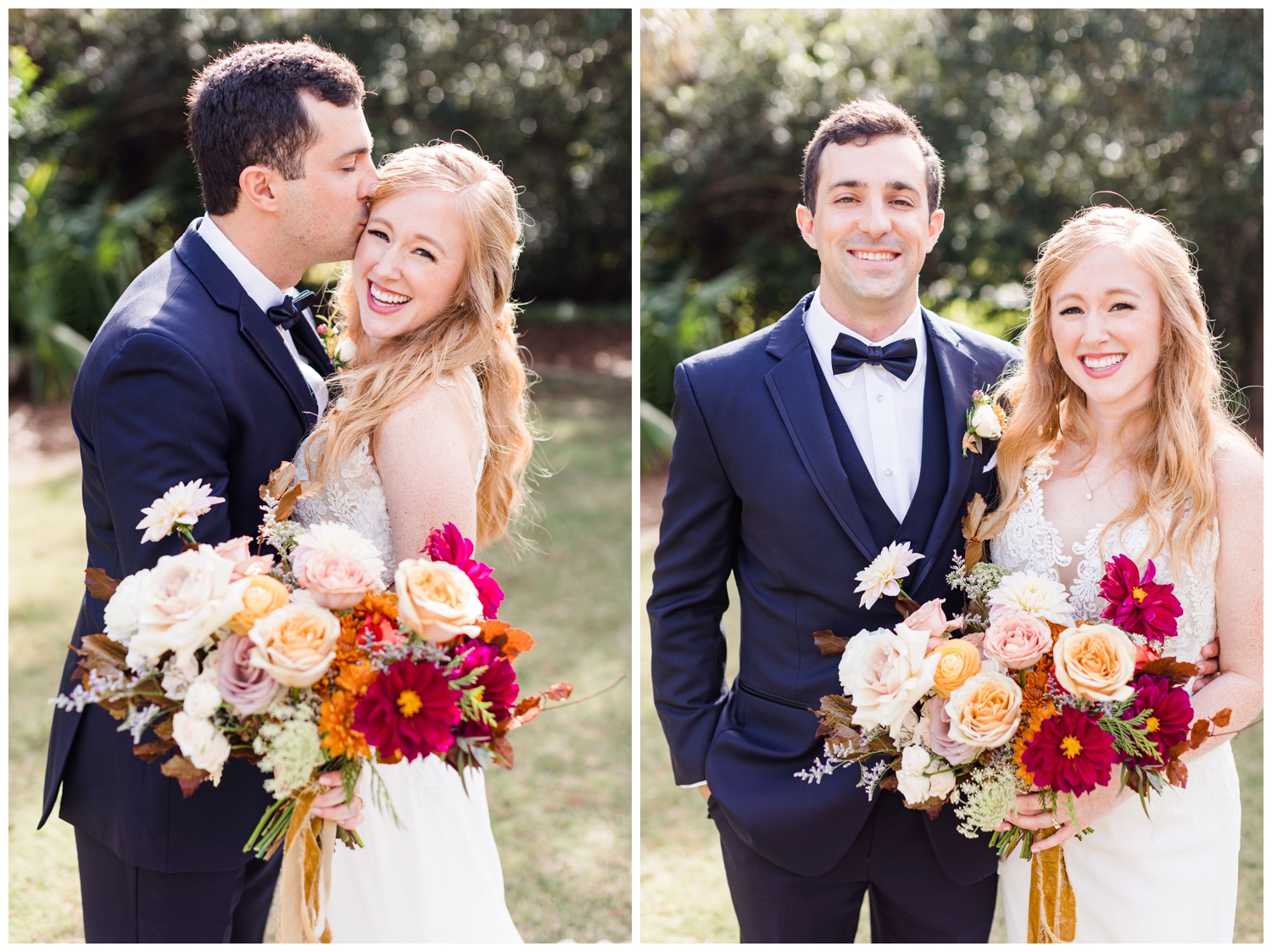 bride and groom portraits with bright bouquet for colorful fall Charleston wedding