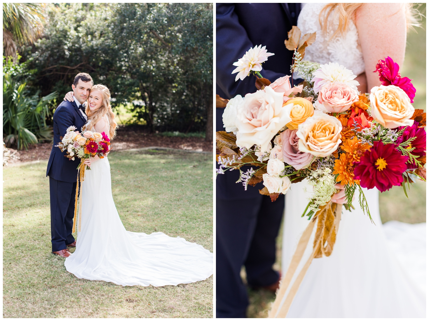 bright bouquet and bride and groom portraits for a colorful fall Charleston Wedding