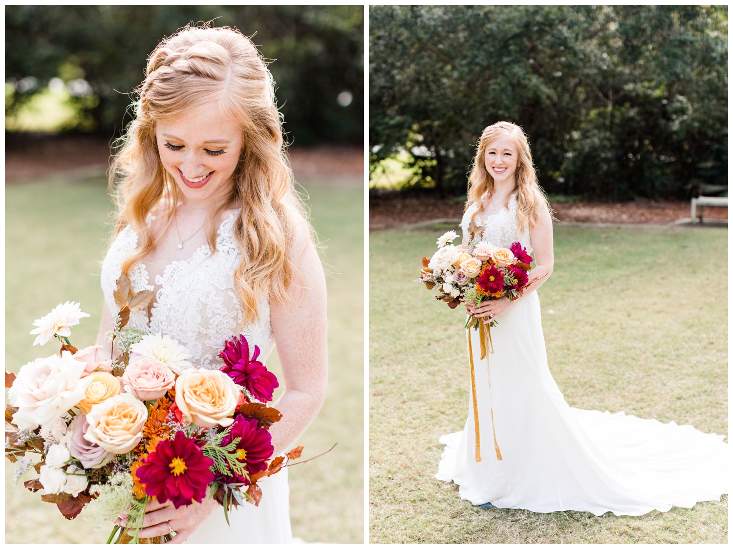 bridal portraits on the lawn at Founders Hall for a colorful fall Charleston wedding