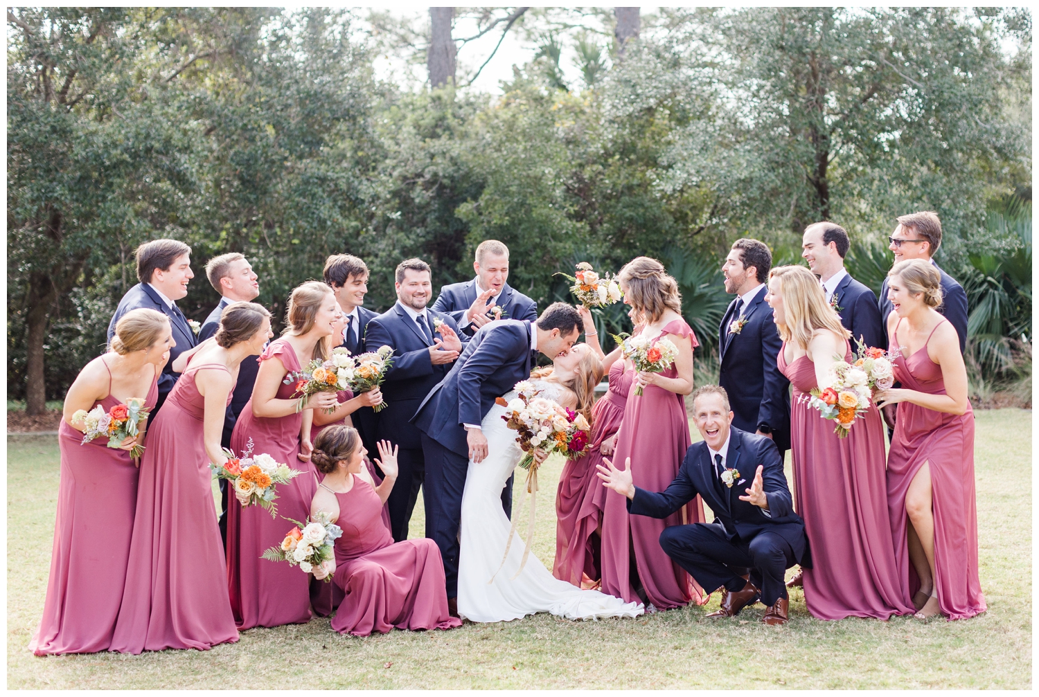 bridal party portrait for colorful fall Charleston wedding