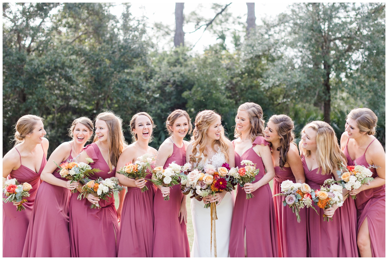 colorful fall Charleston wedding with bridesmaids in blush pink dresses