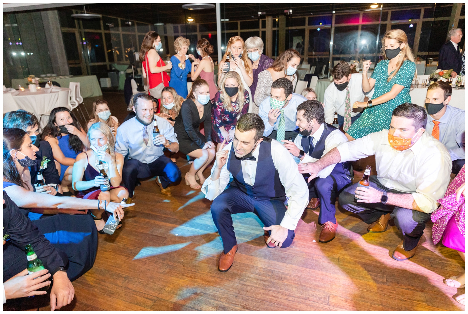 reception dancing at colorful fall Charleston wedding inside Founders Hall