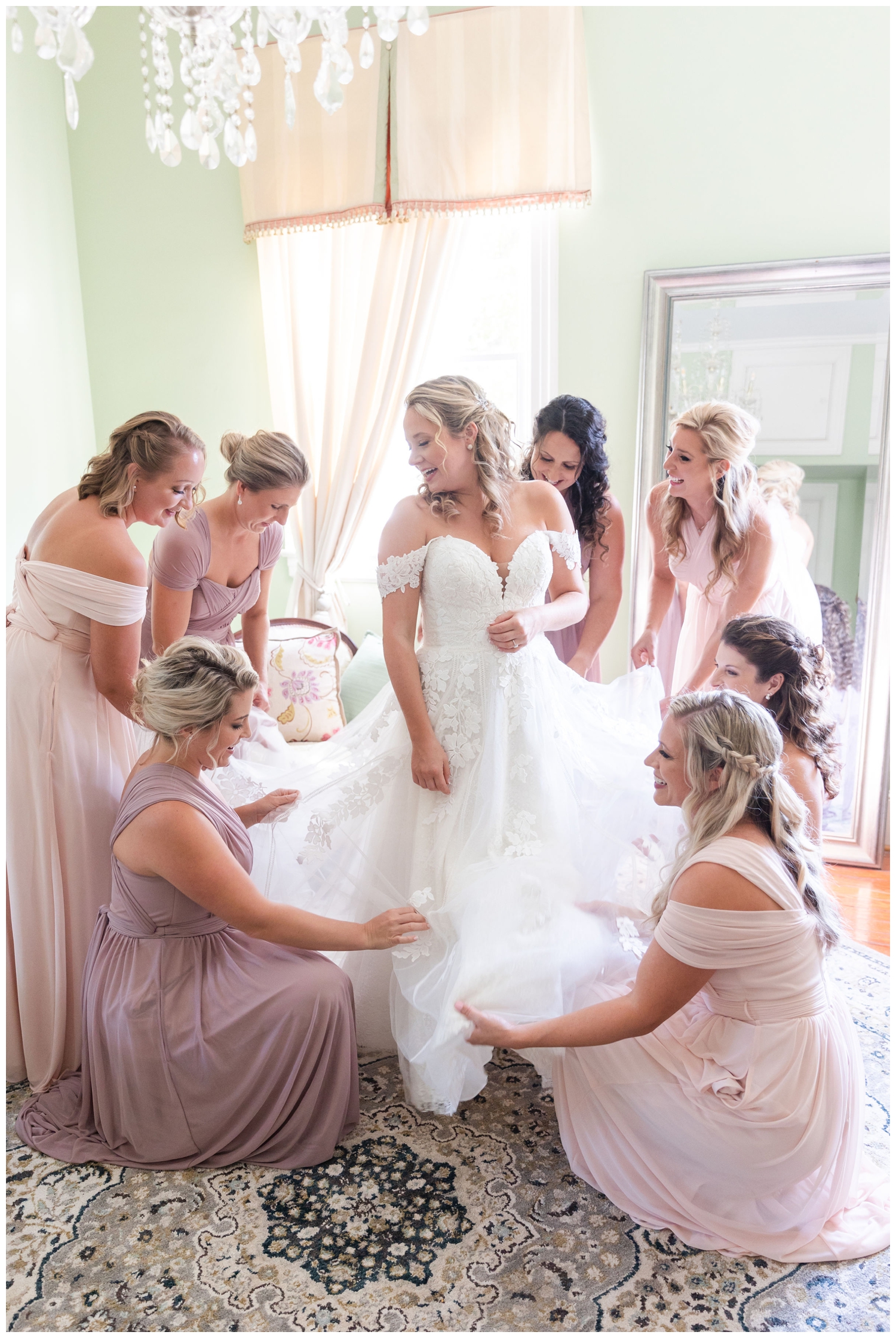 bridesmaid fluffling bridal gown inside Legare Waring House