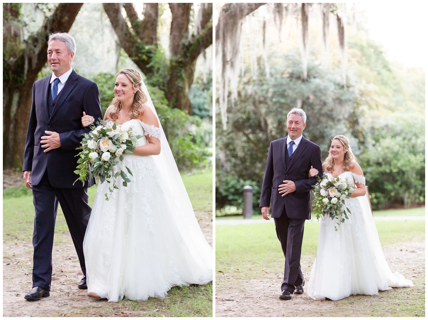 father walking bride down aisle during ceremony at Legare Waring House