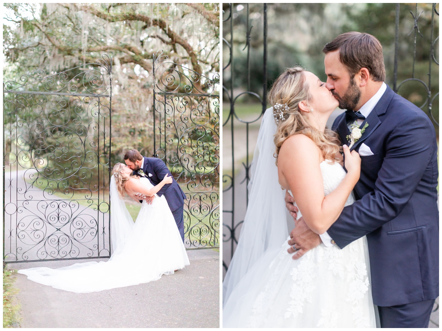 newlywed portraits by the gate at Legare Waring House wedding venue