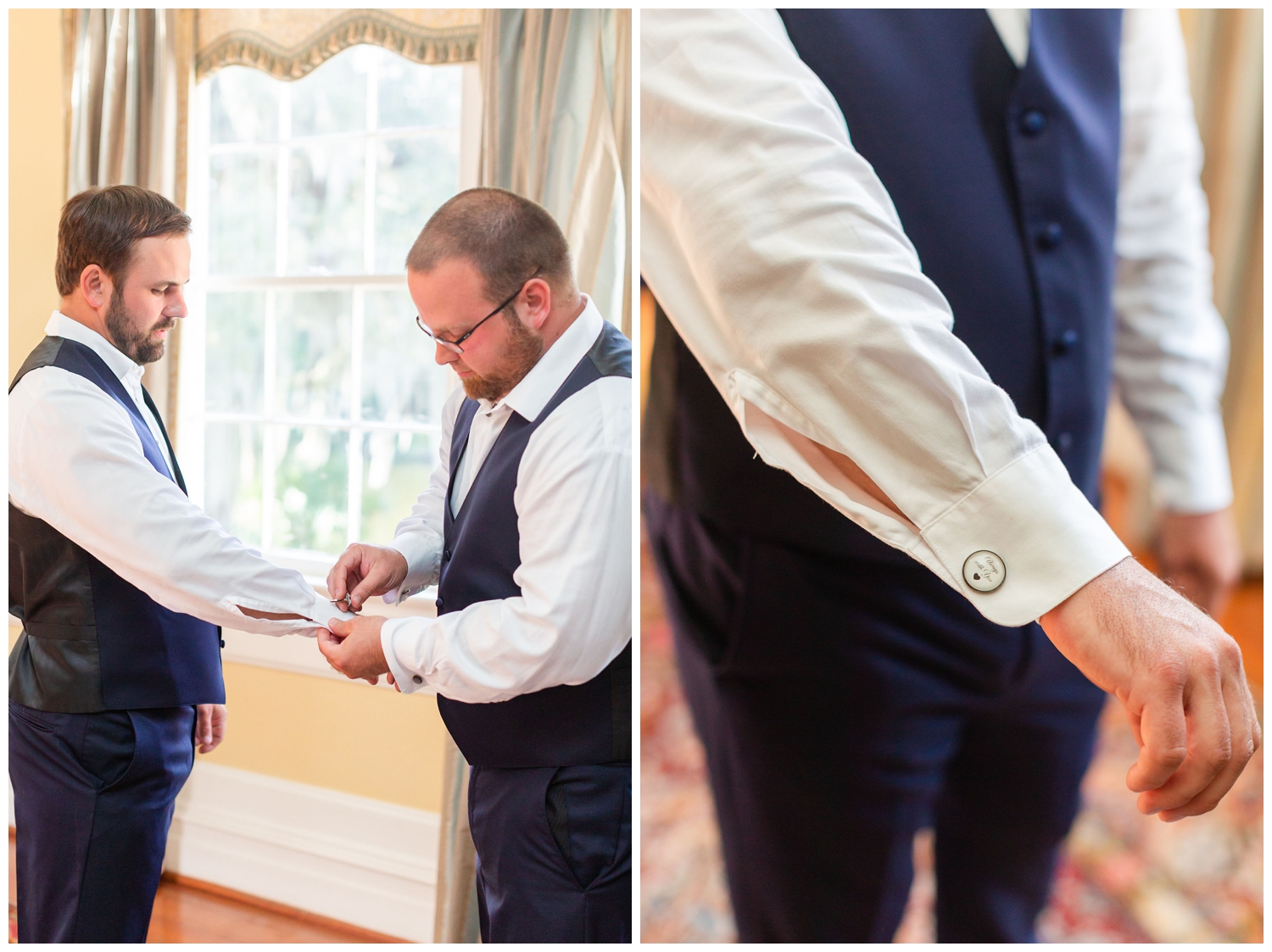 groom putting on cufflinks at Legare Waring House wedding venue