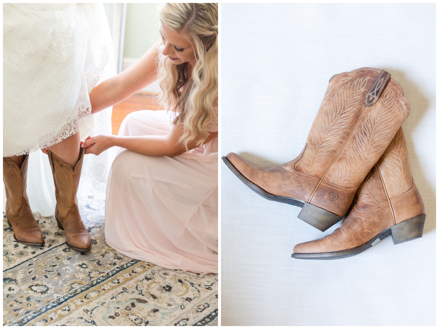 bride getting ready with boots for her wedding gown