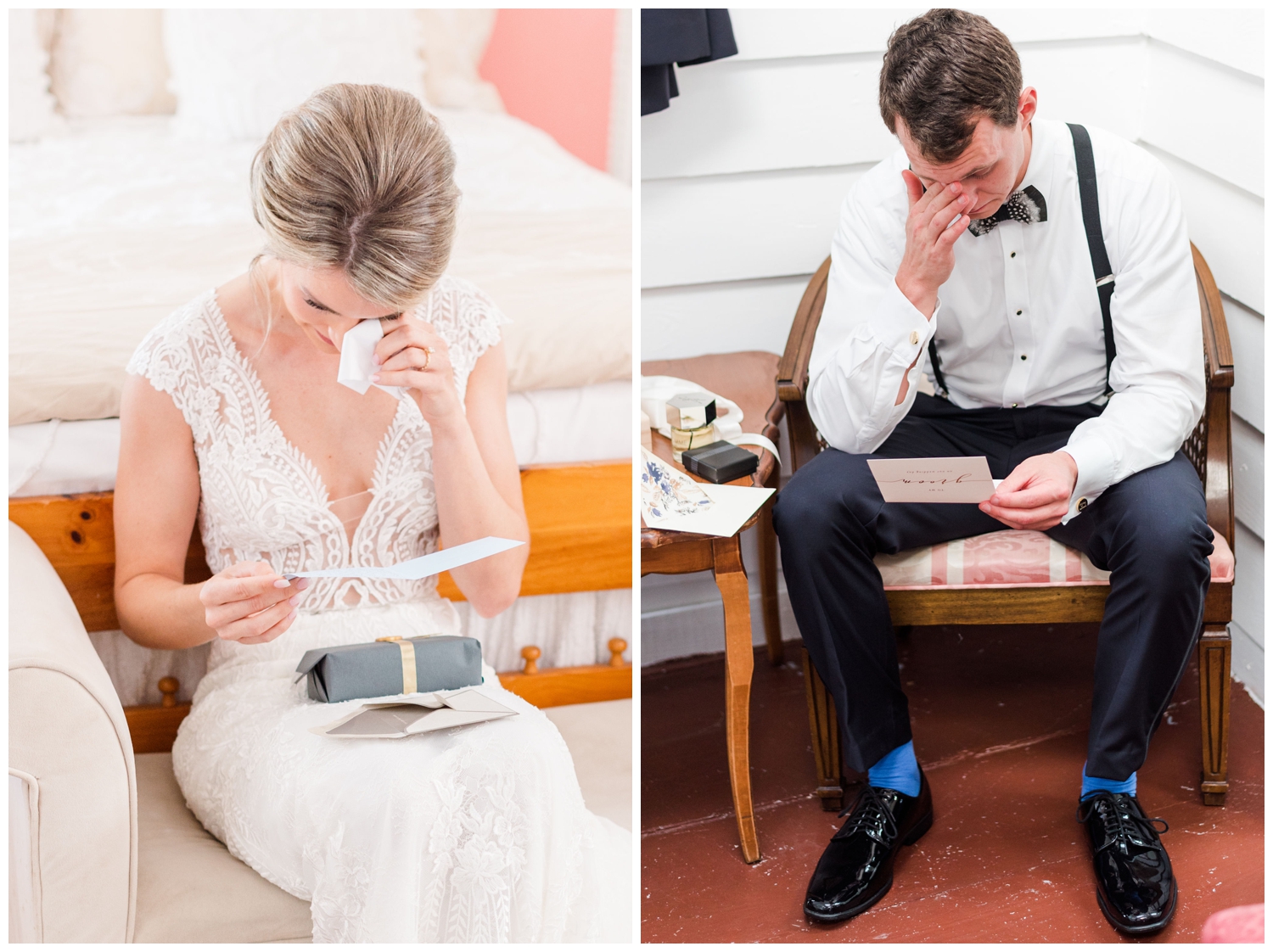 emotional bride and groom exchanging gifts on their wedding day