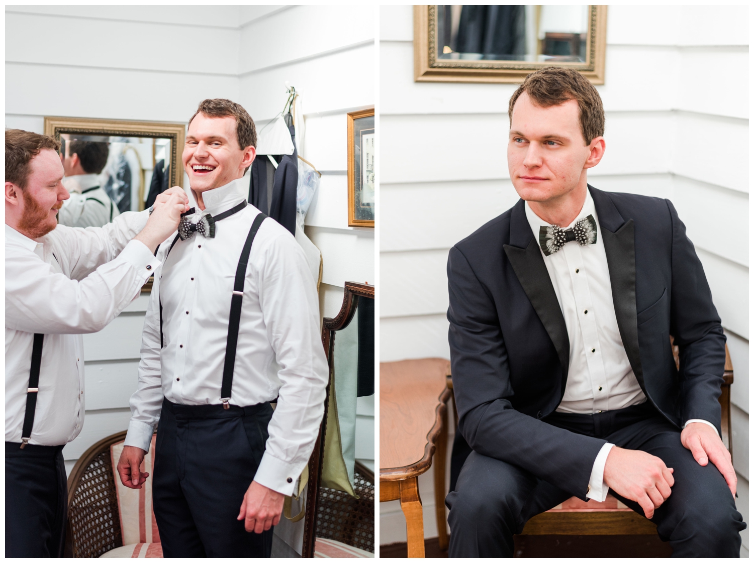 groom getting ready and putting on black bow tie
