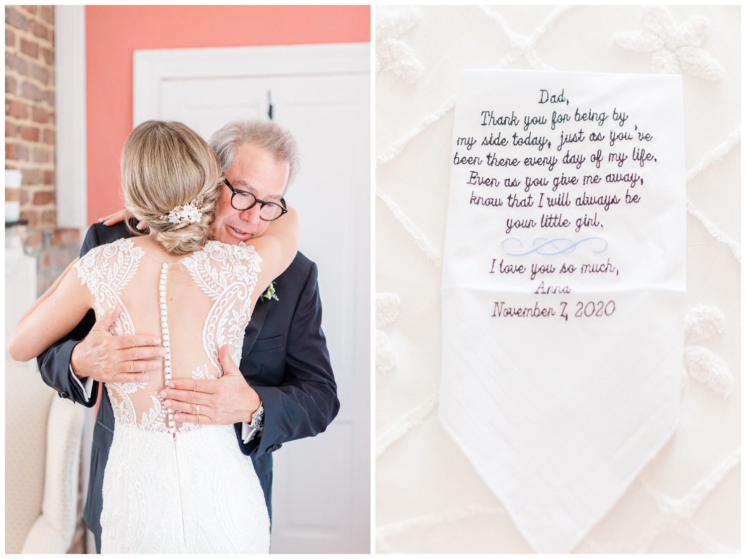 bride giving father a sentimental handkerchief