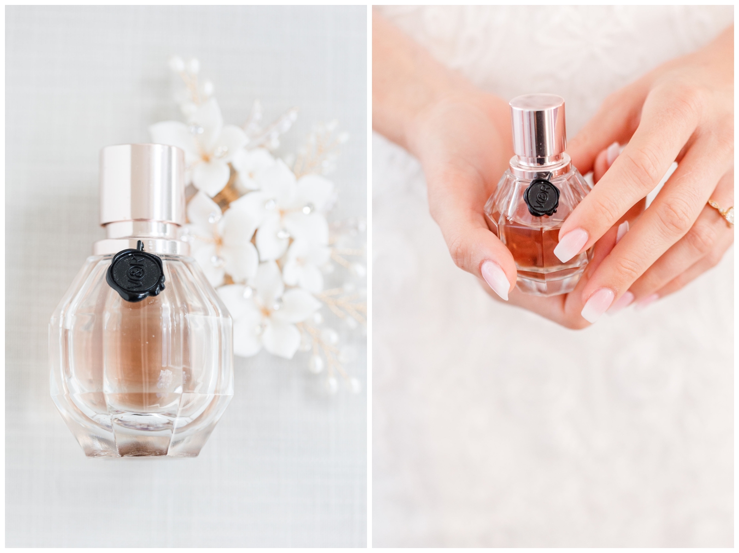 classic perfume bottle with brides hands on wedding day