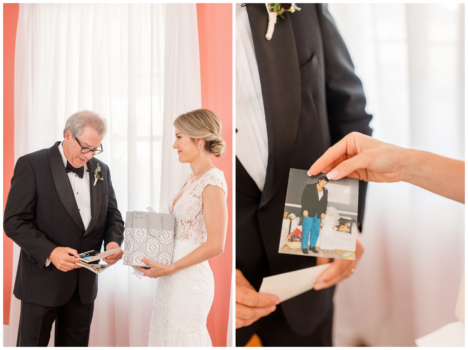 bride giving her dad a gift on wedding day