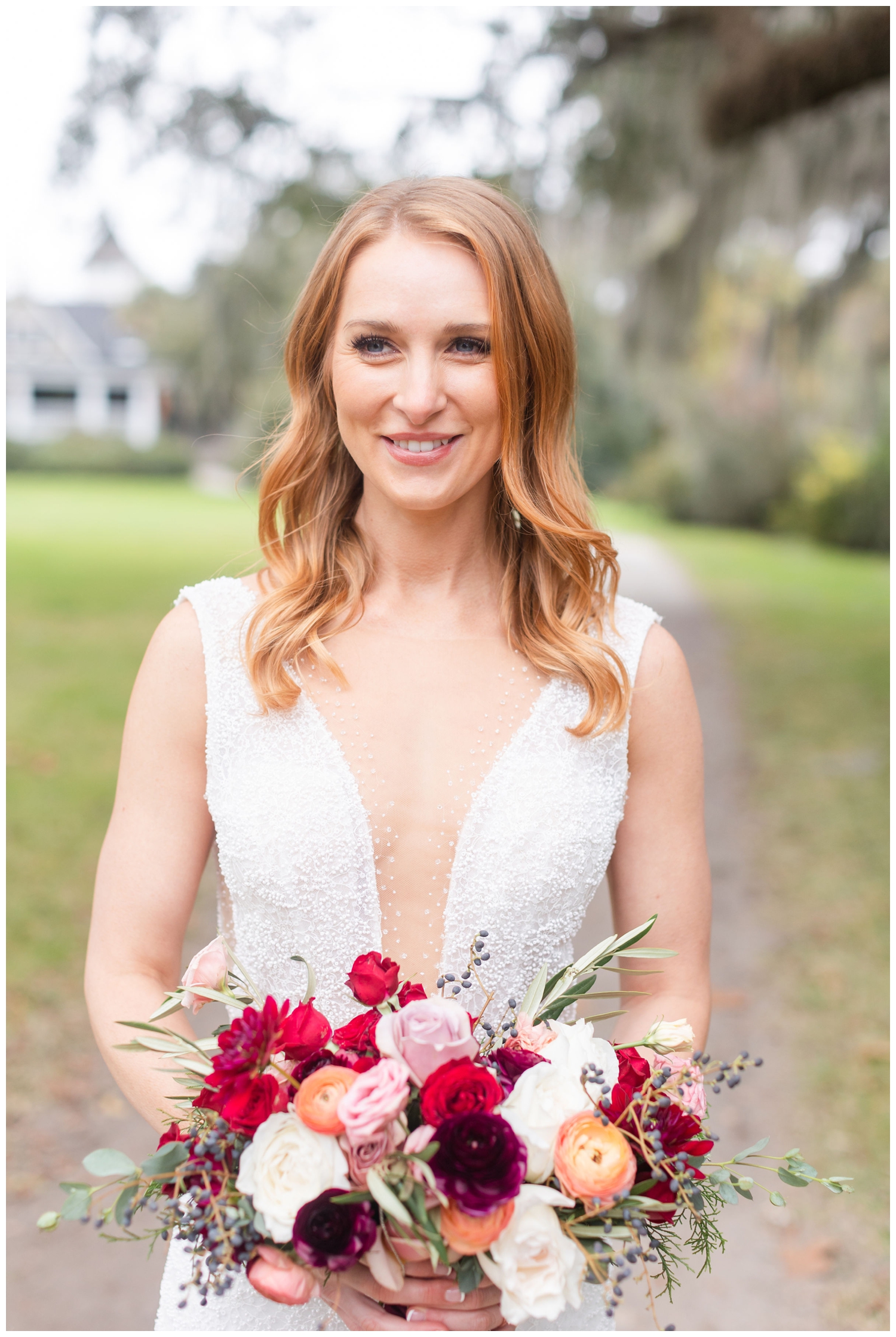 bridal portrait before an intimate Charleston winter elopement outside Magnolia Plantation and Gardens