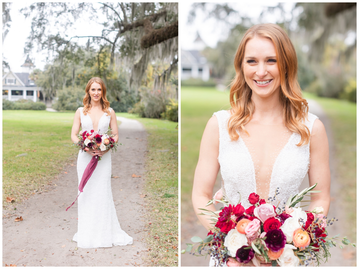 bride with colorful bouquet standing outside Magnolia Plantations and Garden for intimate Charleston winter elopement