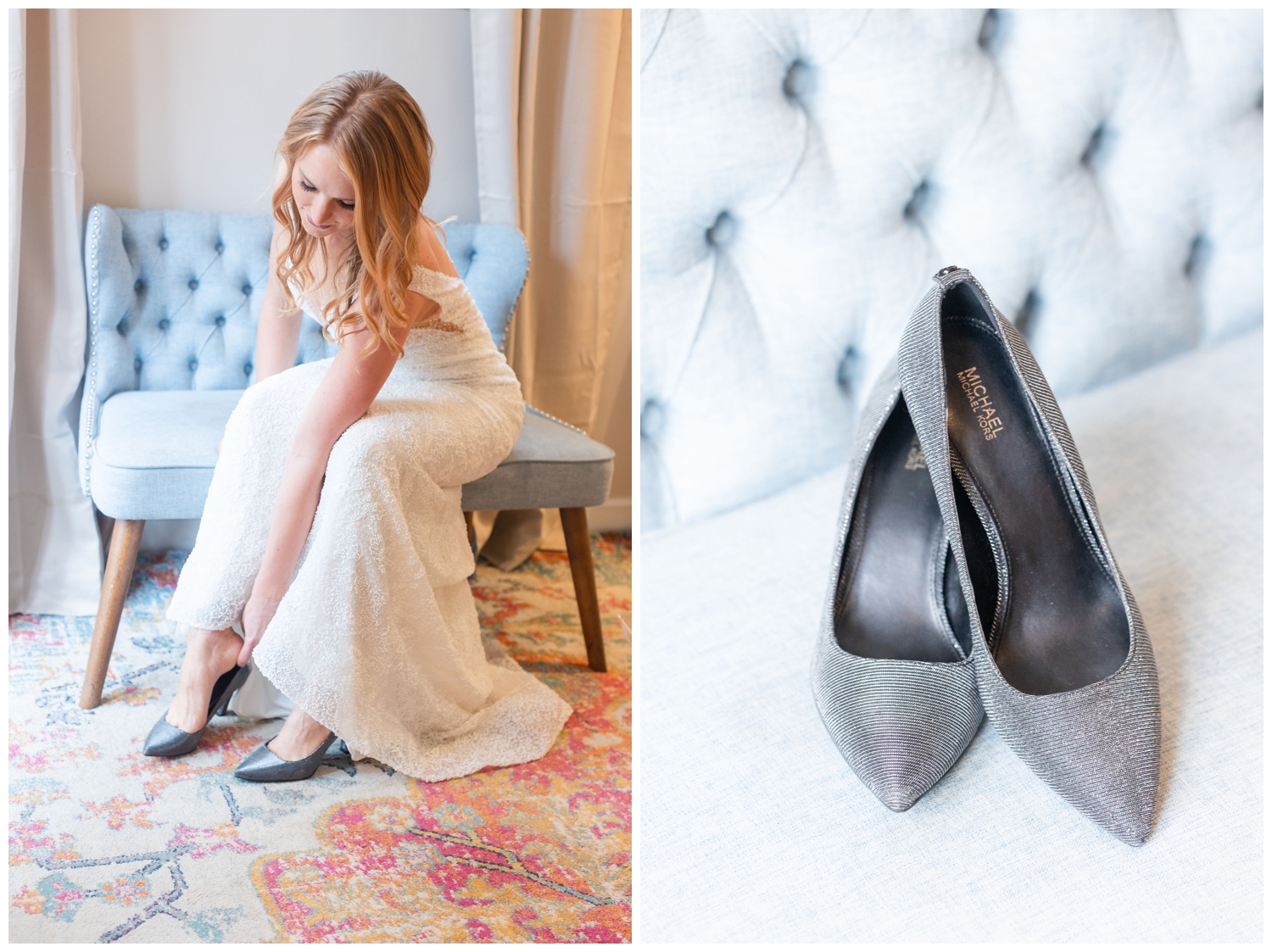 bride getting ready with shoes for an intimate Charleston winter elopement