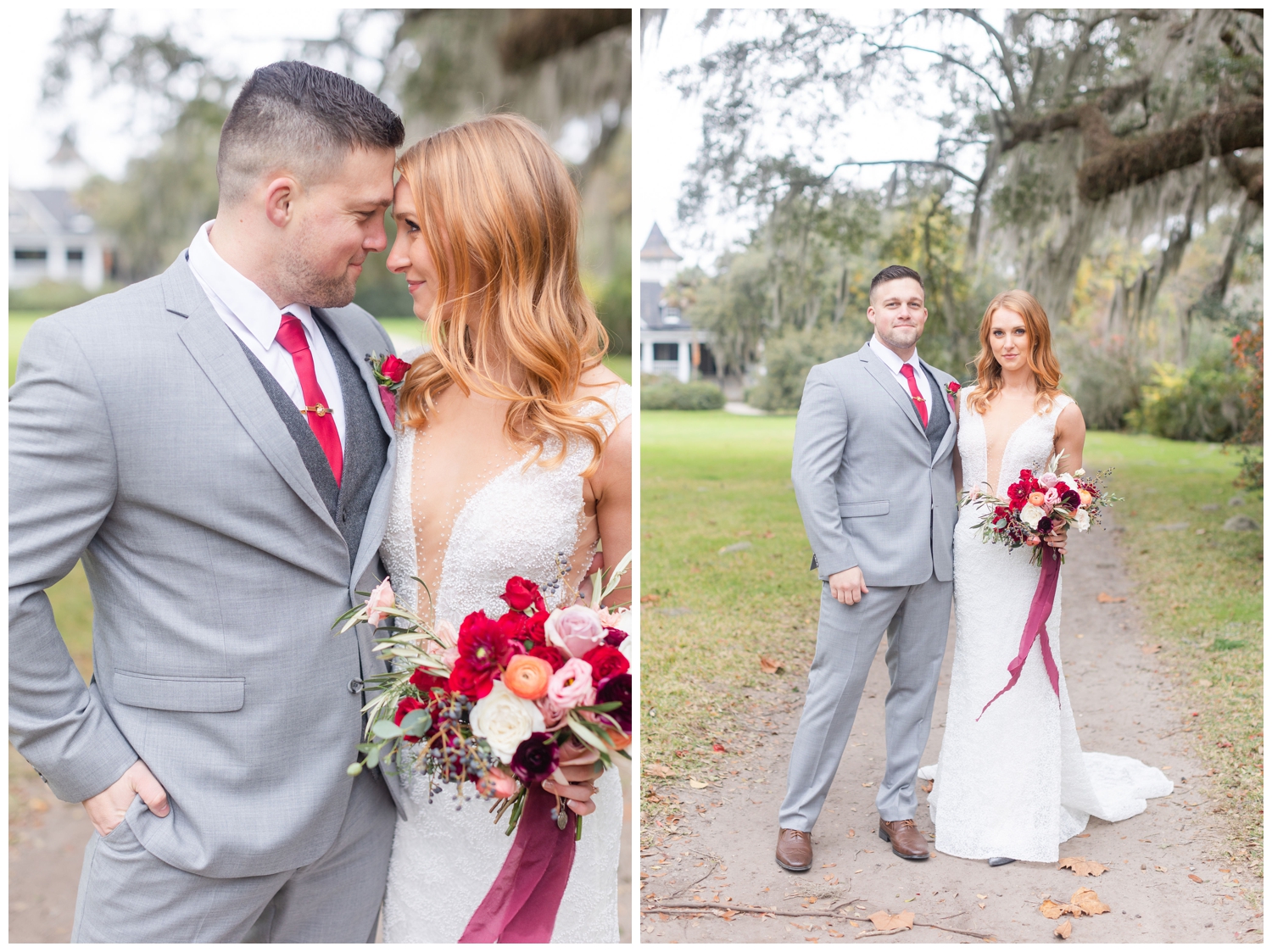 bride and groom portraits for intimate Charleston winter elopement outside Magnolia Plantation and Gardens