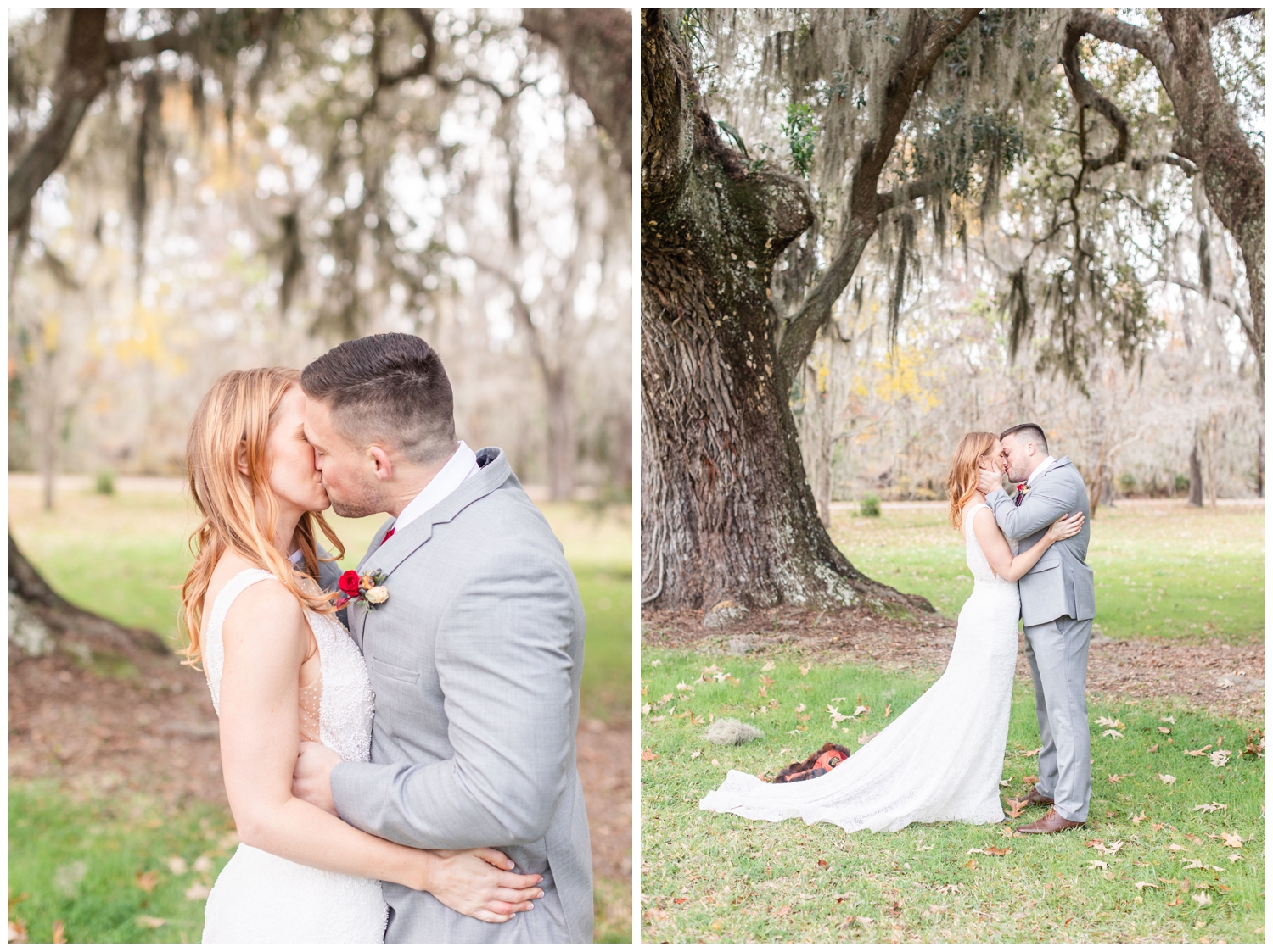 bride and groom kissing after intimate Charleston winter elopement under the trees at Magnolia Plantation in Charleston