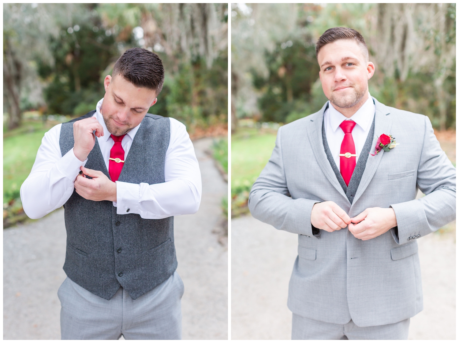 groom portraits before intimate Charleston winter elopement outside Magnolia Plantation and Gardens.
