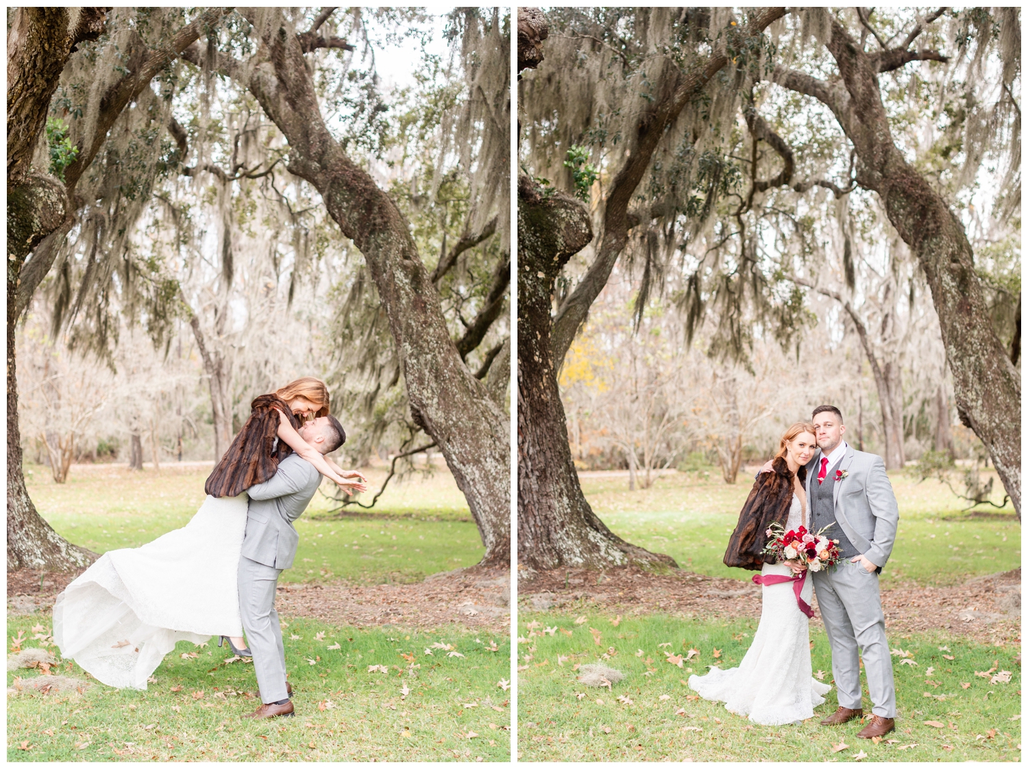 bride and groom portraits under mossy tree after intimate Charleston winter elopement at Magnolia Plantation