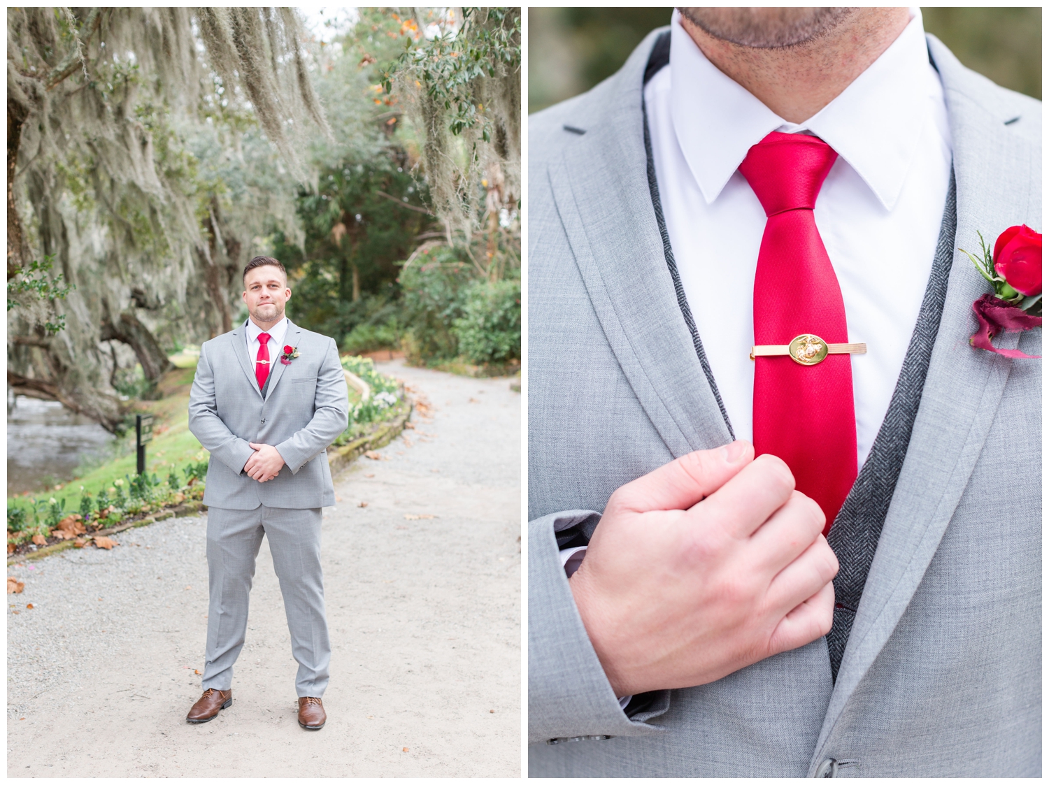 groom posing standing outside intimate Charleston winter elopement at Magnolia Plantation and gardens