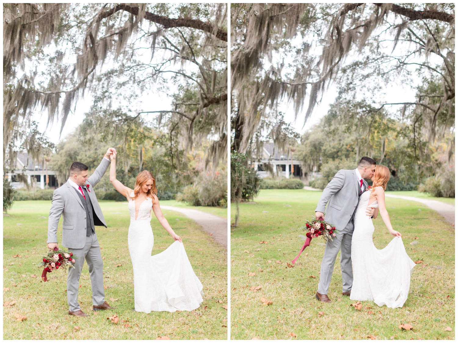 groom twirling bride on lawn at Magnolia Plantation and Gardens during intimate Charleston winter elopement