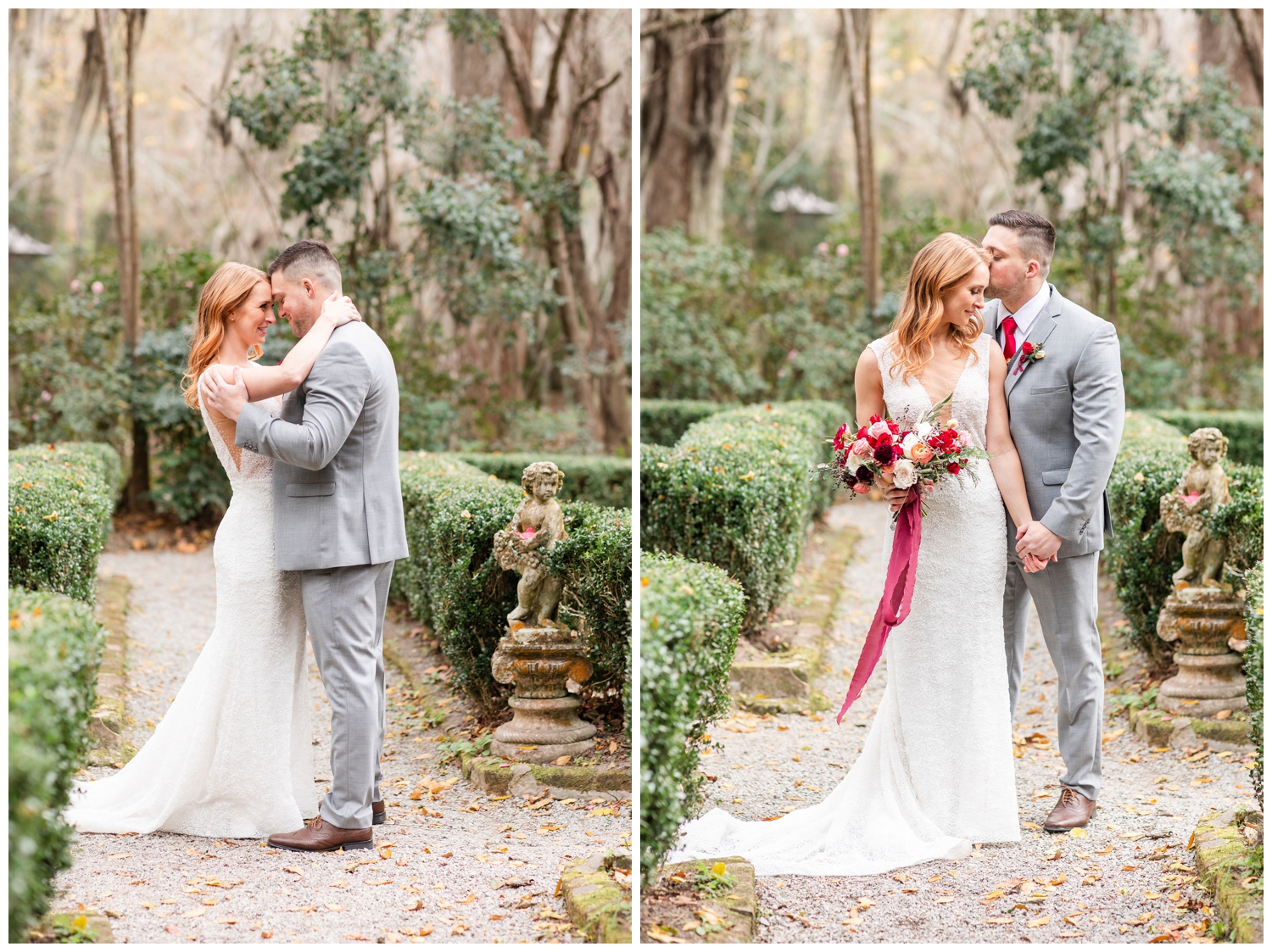 bride and groom nuzzling outside Magnolia Plantation and Gardens for intimate Charleston winter elopement