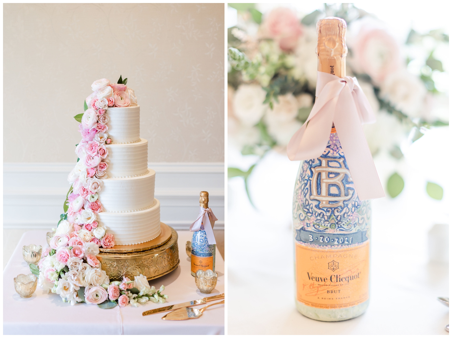 white wedding cake with pink florals and bottle champagne table set up at Sea Pines Resort wedding venue