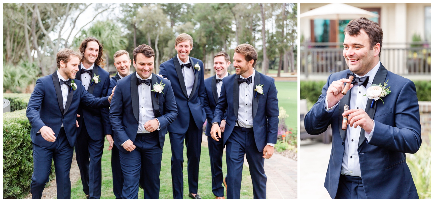 groom and groomsmen laughing outside at Sea Pines Resort wedding venue