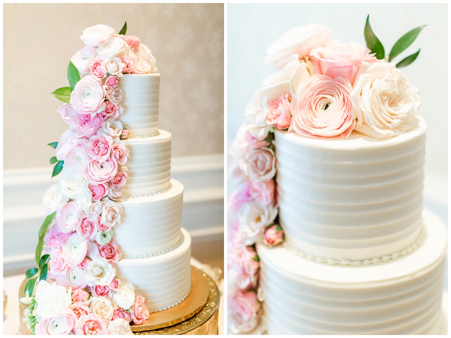 white wedding cake with pink florals