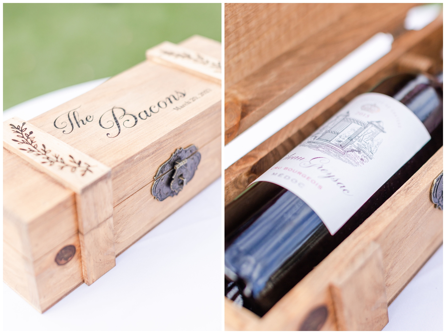 wine and personalized box with married couple's last name