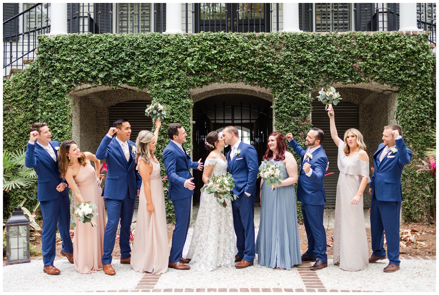 bridal party portrait outside ivy wall at intimate Hilton Head wedding