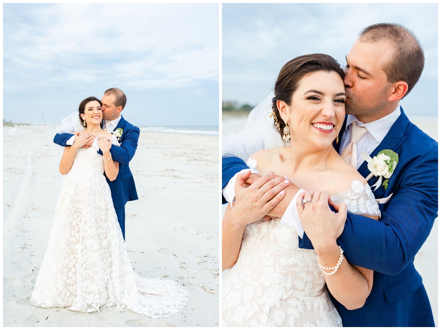 bride and groom hugging on the beach at intimate Hilton Head wedding
